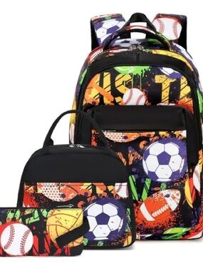 New Kids Sports Print Backpack Set - Black with Multicolor Sports Graphics